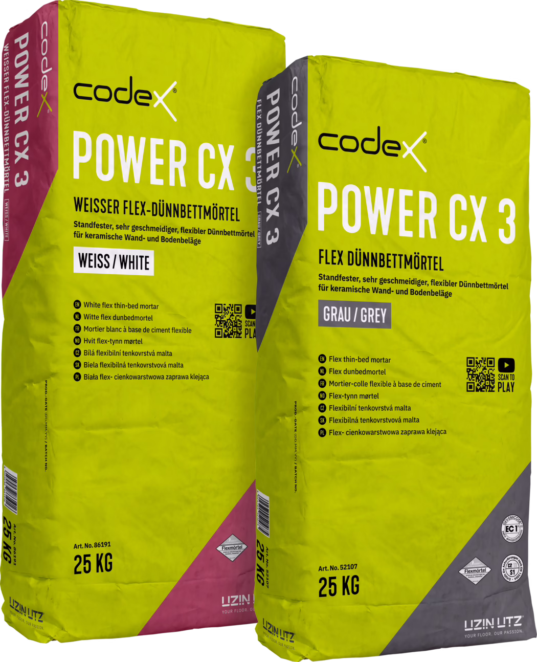 codex_Dummy_Power CX 3 grey+white_right_2019-01 Twee zakken van 25 kg codex POWER CX 3 flex-dunbedmortel naast elkaar afgebeeld. Eén zak is gemarkeerd als WEISS / WHITE met een magenta hoekpaneel, de andere als GRAU / GREY met een grijs hoekpaneel. Beide verpakkingen zijn felgeel met grote witte "POWER CX 3"-letters, het codex-logo, meertalige productbeschrijvingen, een zichtbare QR-code, certificerings- en hanteringspictogrammen en UZIN UTZ-branding. Het product wordt omschreven als een standvaste, zeer soepele, flexibele dunbedmortel voor keramische wand- en vloerbekleding; artikelnummers (Art. No. 86191 en Art. No. 52107) en het gewicht 25 KG zijn duidelijk leesbaar. De foto toont drukwerk, verpakkingsplooien en studioverlichting op de zakken.
