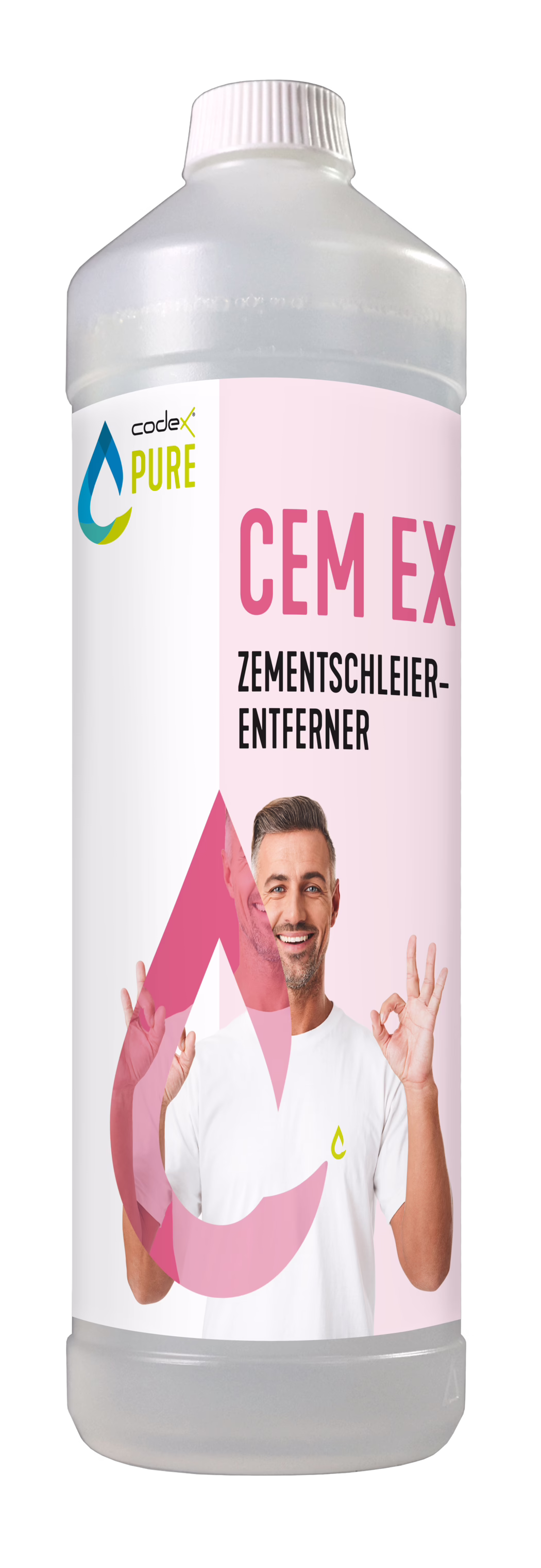 codex_Dummy_Pure Cem EX_2021-06 Hoog doorschijnend wit kunststofflesje met witte schroefdop, gelabeld 'CEM EX ZEMENTSCHLEIER-ENTFERNER'. Het etiket is roze en wit, toont merk 'codex PURE' en een gestileerd druppel-icoon. Grote roze letters 'CEM EX' en daaronder in zwarte letters 'ZEMENTSCHLEIER-ENTFERNER'. Op het etiket staat een lachende man in een wit T-shirt die het 'OK'-teken maakt; roze grafische overlays bedekken delen van de foto. De fles lijkt vol en is vrijstaand op een witte achtergrond gefotografeerd. Productpresentatie wijst op een reiniger om cementsluier te verwijderen.