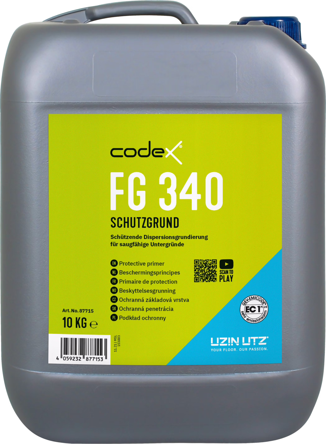 codex_Dummy_FG 340_front_2022-01 Grijze kunststof jerrycan met een groot olijfgroen etiket met de tekst 'codex FG 340 Schutzgrund'. Blauwe draaidop rechtsboven, inhoud aangegeven als 10 kg. Product is een beschermende dispersieprimer; UZIN UTZ-logo rechtsonder.