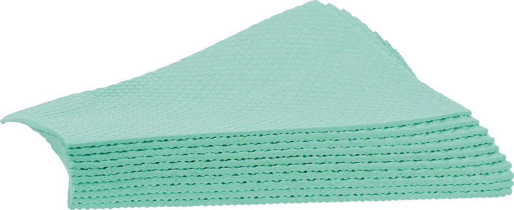 codex_Dummy_Sponge cloths_2019-12 Stap fel neongroene, getextureerde schoonmaakdoeken netjes opgestapeld. De doeken hebben een wafel- of honingraatstructuur en gegolfde randen; aan de zijkant zijn meerdere lagen zichtbaar en het bovenste doek is licht opgetild. Het materiaal lijkt goed absorberend, vergelijkbaar met cellulose- of microvezeldoeken voor huishoudelijk gebruik. De stapel is gefotografeerd op een witte achtergrond met gelijkmatige belichting, waardoor textuur en dikte duidelijk zichtbaar zijn.