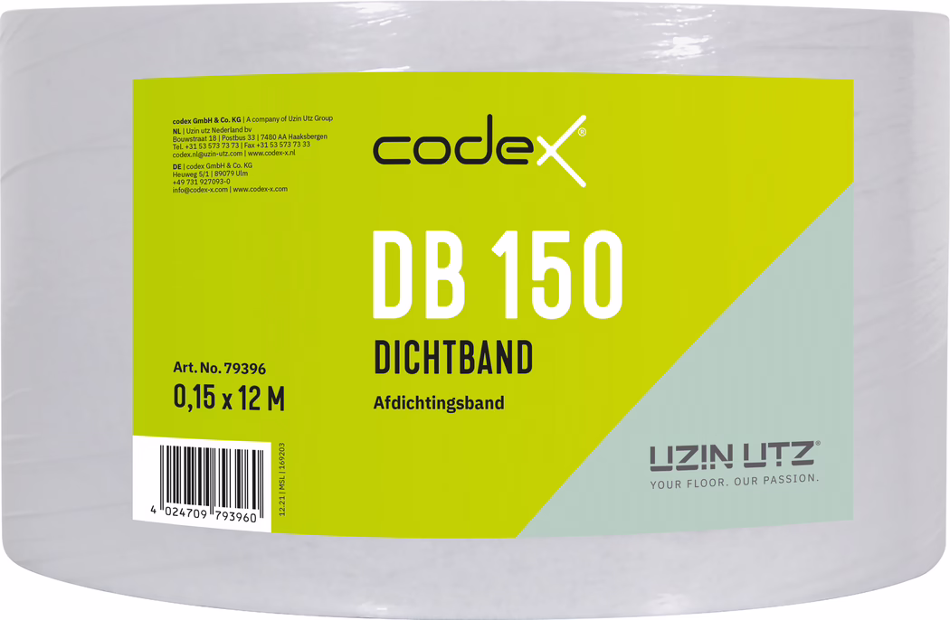 codex_Dummy_DB 150_front_NL_2015-08 Close-up van de verpakking van een rol afdichtingsband. Het etiket heeft een fel limoen-groene en lichtgrijze vormgeving met het merk 'codex' bovenaan en 'DB 150' in grote witte letters in het midden. Daaronder staat 'DICHTBAND' en 'Afdichtingsband'. Links staan de streepjescode, artikelnummer 'Art. No. 79396' en afmetingen '0,15 x 12 M'. Het UZIN UTZ-logo staat rechtsonder. De rol is in doorzichtige folie gewikkeld; linksboven staan contactgegevens en adressen.