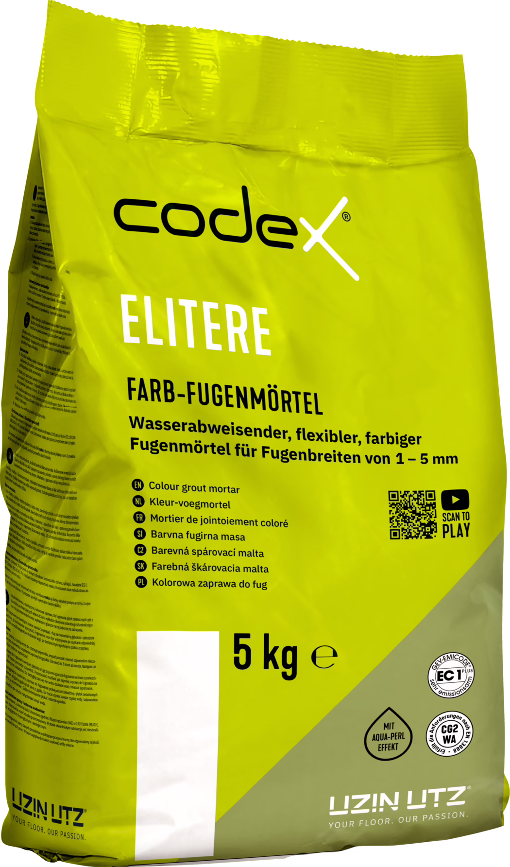 codex_Dummy_Elitere_right_2025-02 Foto van een geelgroene 5 kg-zak Codex 'ELITERE' gekleurde voegmortel. Op de voorkant staan de merknaam 'codex' en de productnaam 'ELITERE', het Duitse etiket 'FARB-FUGENMÖRTEL' en kenmerken: waterafstotend, flexibel, gekleurde voegmortel voor voegbreedtes van 1–5 mm. Verder is er een meertalige opsomming, een QR-code met 'SCAN TO PLAY', keuringssymbolen, het gewicht '5 kg' en het logo 'UZIN UTZ' onderaan. De kunststof verpakking is licht glanzend met kreukels en een gevouwen bovenkant; op de zijkant staat kleine tekst. Witte achtergrond.
