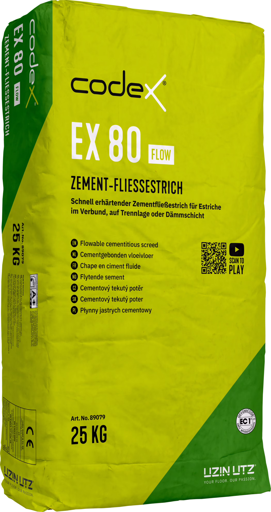 codex_Dummy_EX 80 Flow_right_2022-01 Foto van een 25 kg zak Codex EX 80 Flow cementdekvloer. De verpakking is fel geelgroen met een grote zwarte 'codex' logo bovenaan en opvallende witte 'EX 80' en kleine 'FLOW' tekst. Een zwarte kop luidt 'ZEMENT-FLIESSESTRICH' met daaronder een Duitse productomschrijving die aangeeft dat het een snel uithardende cementvloermortel is voor hechtende vloeren, scheidingslagen of isolatielagen. Linksonder staan '25 KG' en artikelnummer 'Art. No. 89079'. Op de voorkant is een QR-code met 'SCAN TO PLAY', het CE‑teken en een EC1-emissiesticker zichtbaar. De verpakking heeft vouwen en papierstructuur; links een groene verticale streep en rechtsonder een groen driehoek met het UZIN|LUTZ-logo en de slogan 'YOUR FLOOR. OUR PASSION.'