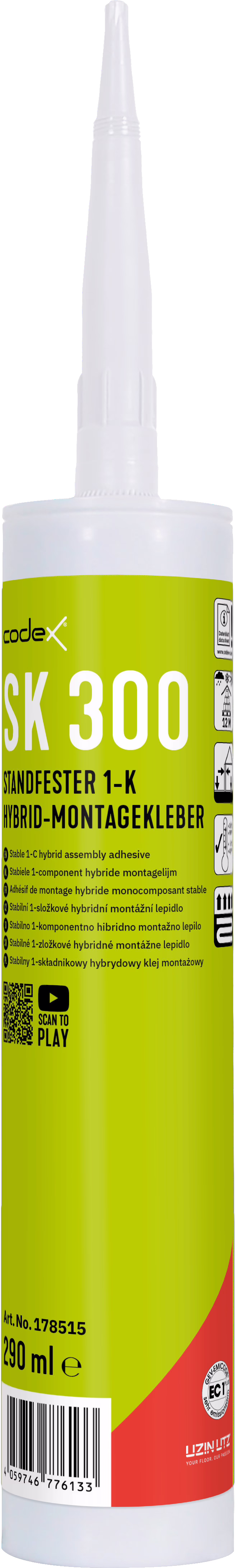 codex_Dummy_SK 300_front_2024-04 Close-up van een hoge witte cilindrische lijmcartridge met een lange taps toelopende tuit. Het fel limoengroene etiket toont 'SK 300' en 'Standfester 1-K Hybrid-Montagekleber', het merk 'codex', gebruikspictogrammen, een QR-code en een barcode; het volume is aangegeven als 290 ml en onderaan is een rood accent zichtbaar. Verpakkingsdetails en instructiepictogrammen zijn duidelijk zichtbaar tegen een witte achtergrond.