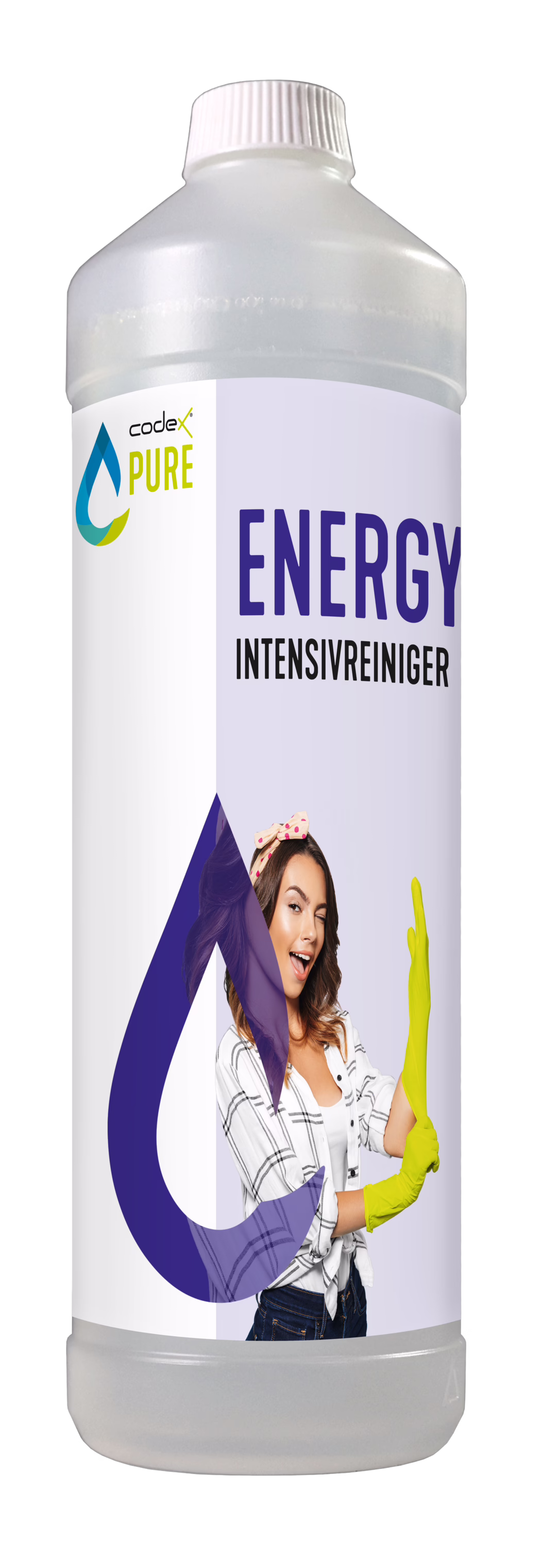 codex_Dummy_Pure Energy_1L_2021-06 Een hoge halfdoorzichtige witte plastic fles met een witte schroefdop, bedrukt met 'ENERGY Intensivreiniger' van codex PURE. Het etiket is paars en wit met een groot druppellogo en een foto van een glimlachende vrouw met gele rubberen handschoenen die knipoogt; de fles staat rechtop op een witte achtergrond en suggereert een krachtig huishoudelijk reinigingsmiddel.