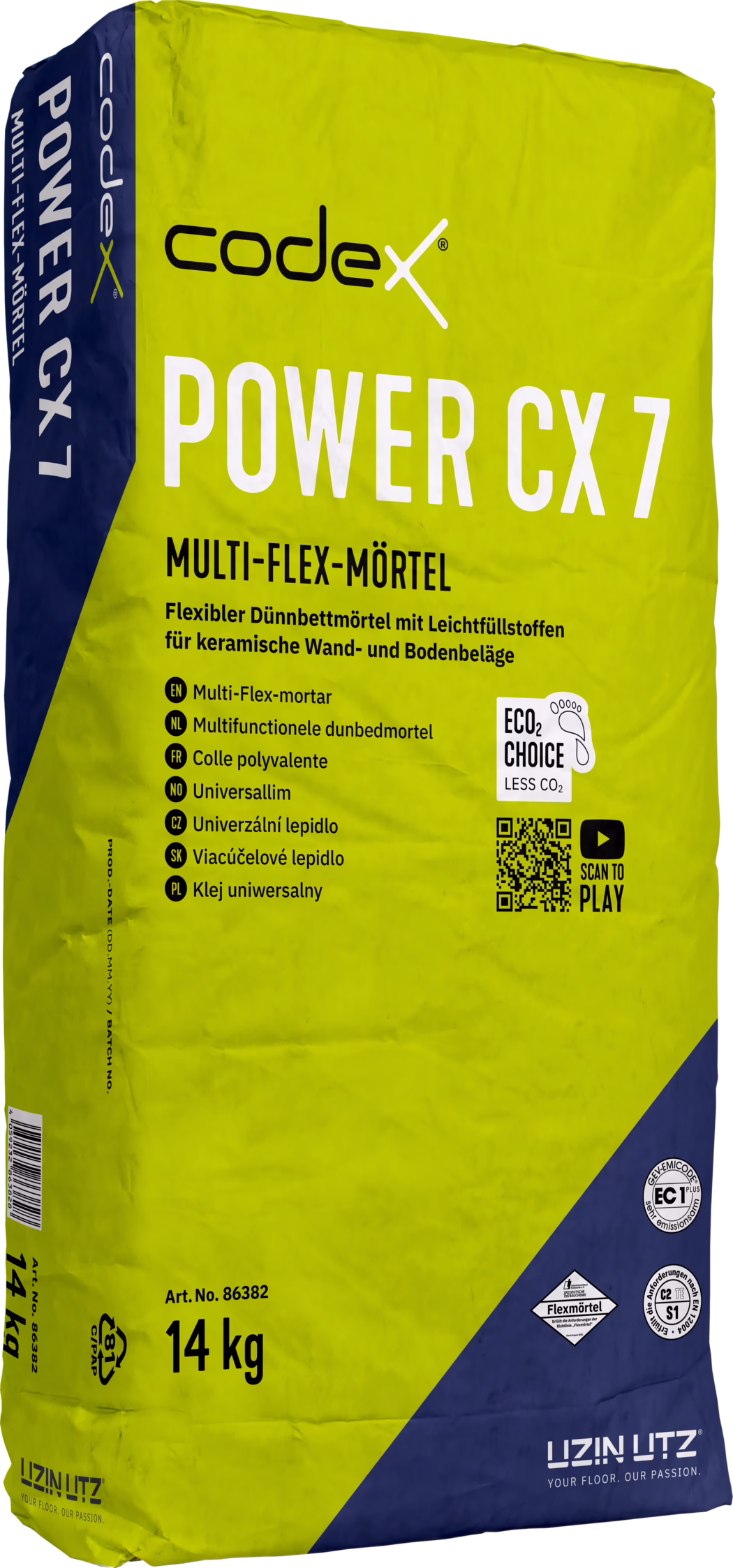 Geelgroene en donkerblauwe zak 'codex POWER CX 7' multi-flex mortel met merk 'codex', grote tekst 'POWER CX 7', Duitse productbeschrijving over flexibele dunbedmortel voor keramische wand- en vloerbedekkingen, meertalige opsomming, ECO2 Choice-logo, QR-code, gewicht '14 kg' en certificeringssymbolen.