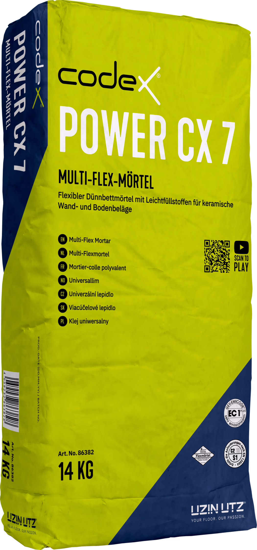 codex_Dummy_Power CX 7_right_2023-01 Geelgroene en donkerblauwe zak 'codex POWER CX 7' multi-flex mortel met merk 'codex', grote tekst 'POWER CX 7', Duitse productbeschrijving over flexibele dunbedmortel voor keramische wand- en vloerbedekkingen, meertalige opsomming, ECO2 Choice-logo, QR-code, gewicht '14 kg' en certificeringssymbolen.