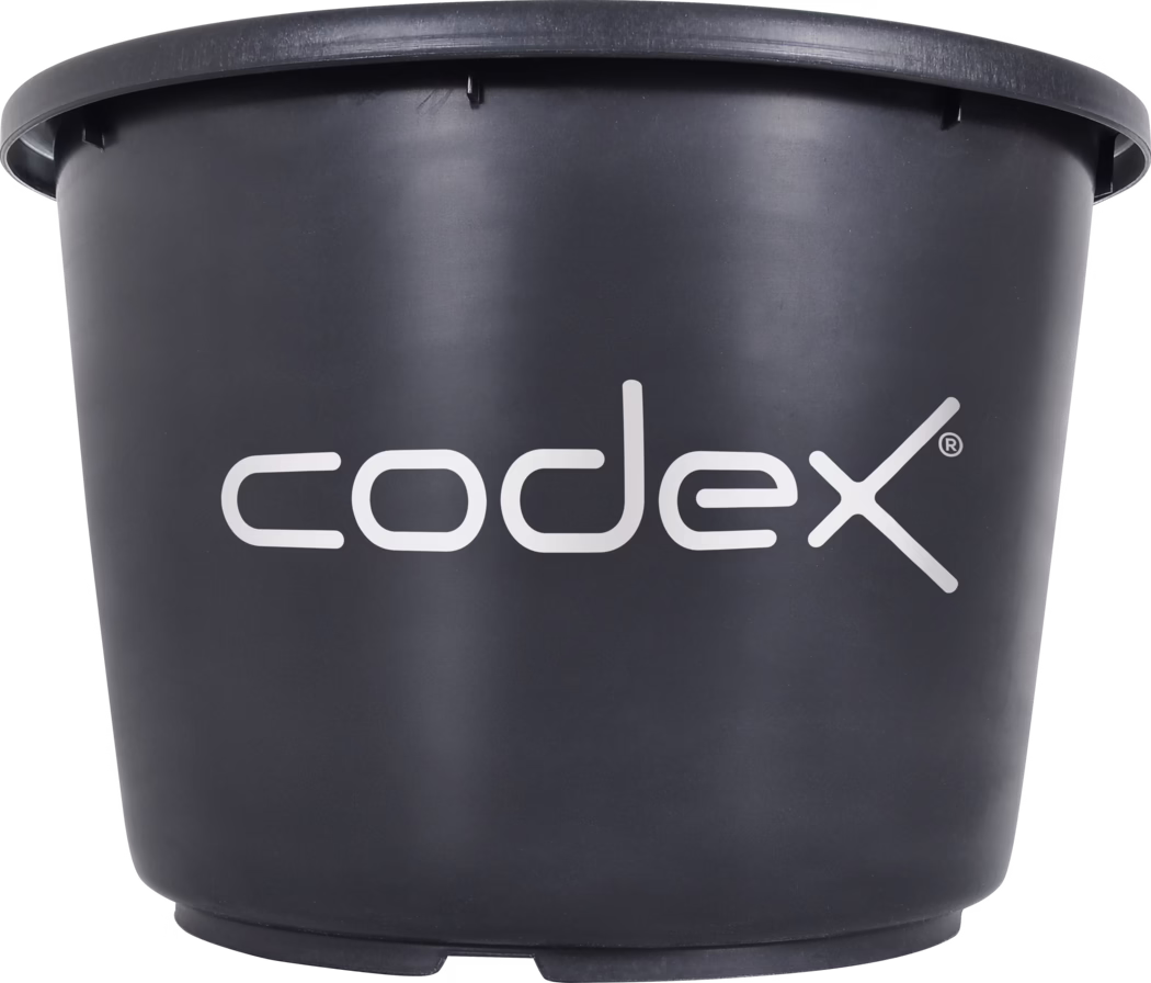 codex_Dummy_Mixing Bucket black 30l_front_NL_2019-01 Close-up van een matzwarte plastic bloempot met het witte 'codex'-logo, zichtbare rand en licht conische vorm tegen een witte achtergrond.