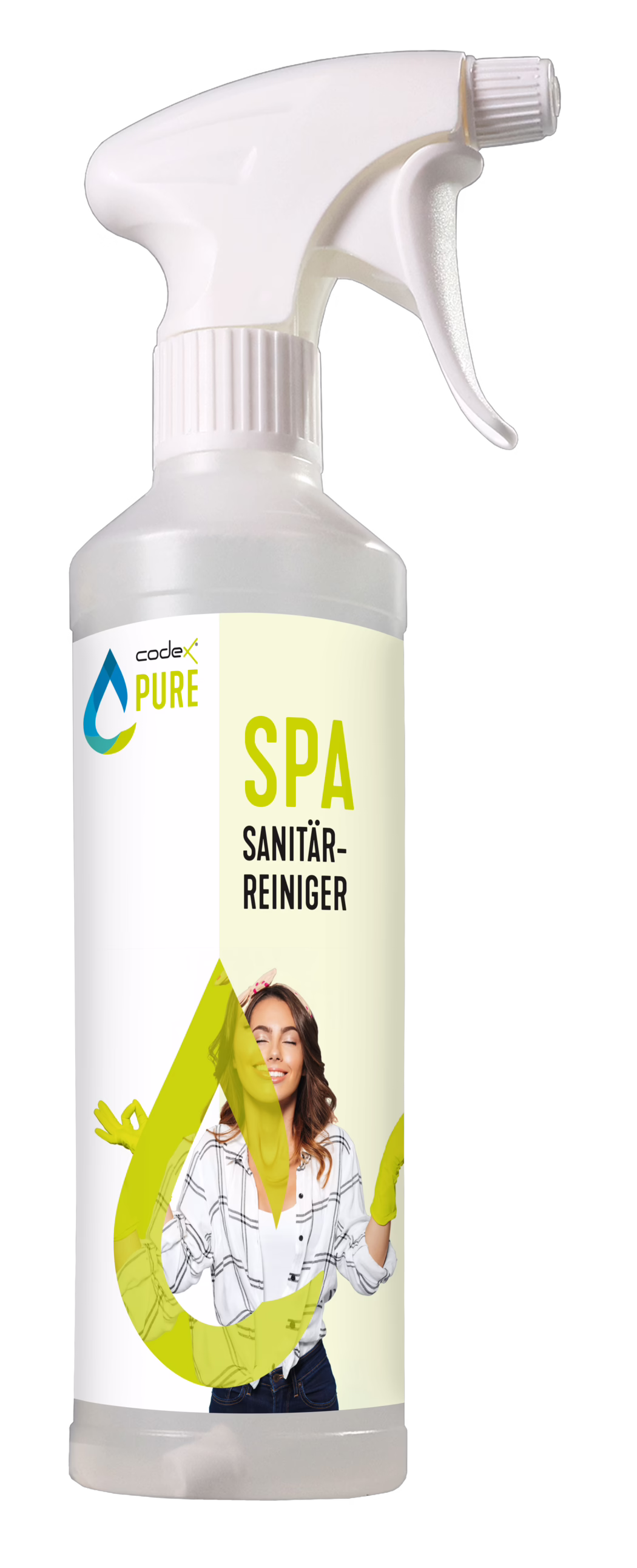 Witte kunststof sprayfles met sanitair-/badkamerreiniger, gelabeld 'SPA Sanitär-Reiniger' op een lichtgeel etiket met het 'codex PURE' druppellogo. De fles heeft een witte spraykop en een halfdoorzichtig lichaam; het etiket toont een gestileerde foto van een glimlachende vrouw met gele rubberen handschoenen en een geruit overhemd. Strak, modern verpakkingsontwerp voor het reinigen van badkameroppervlakken.